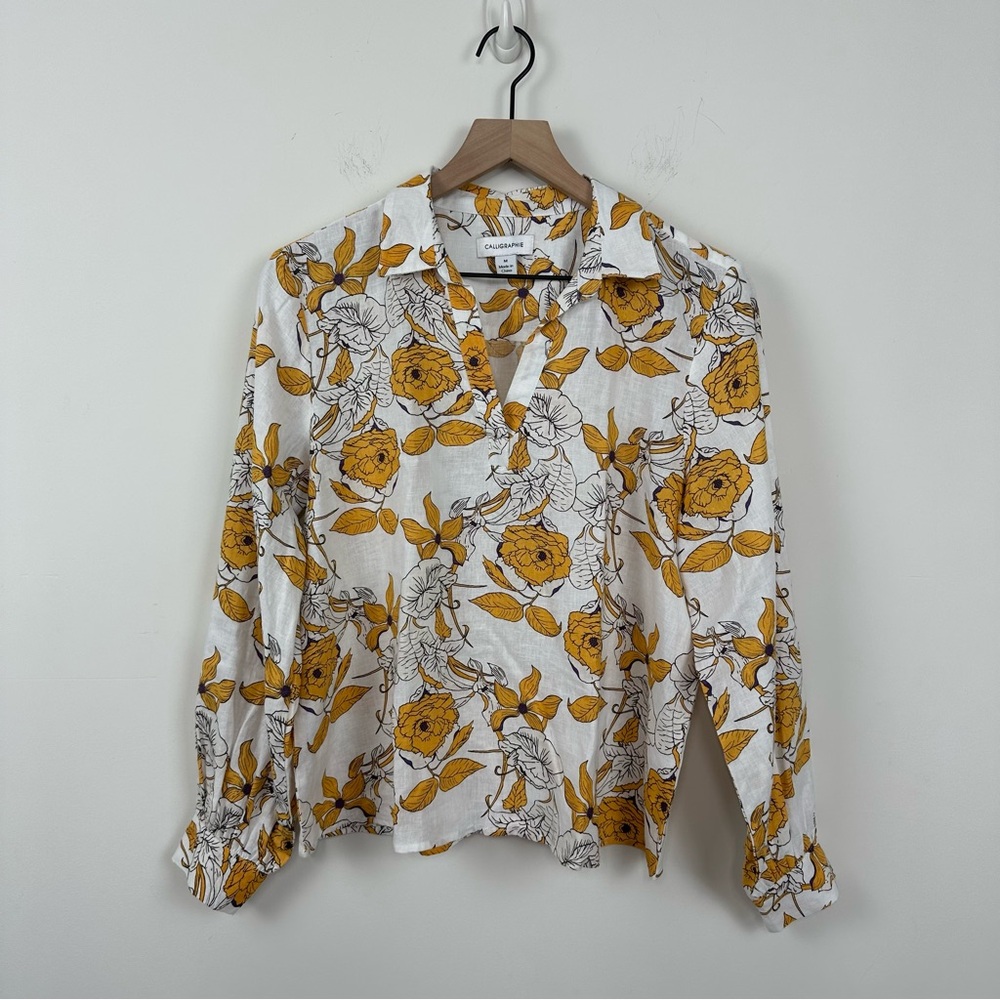 Calligraphie White & Yellow Floral Print Linen Blouse, M